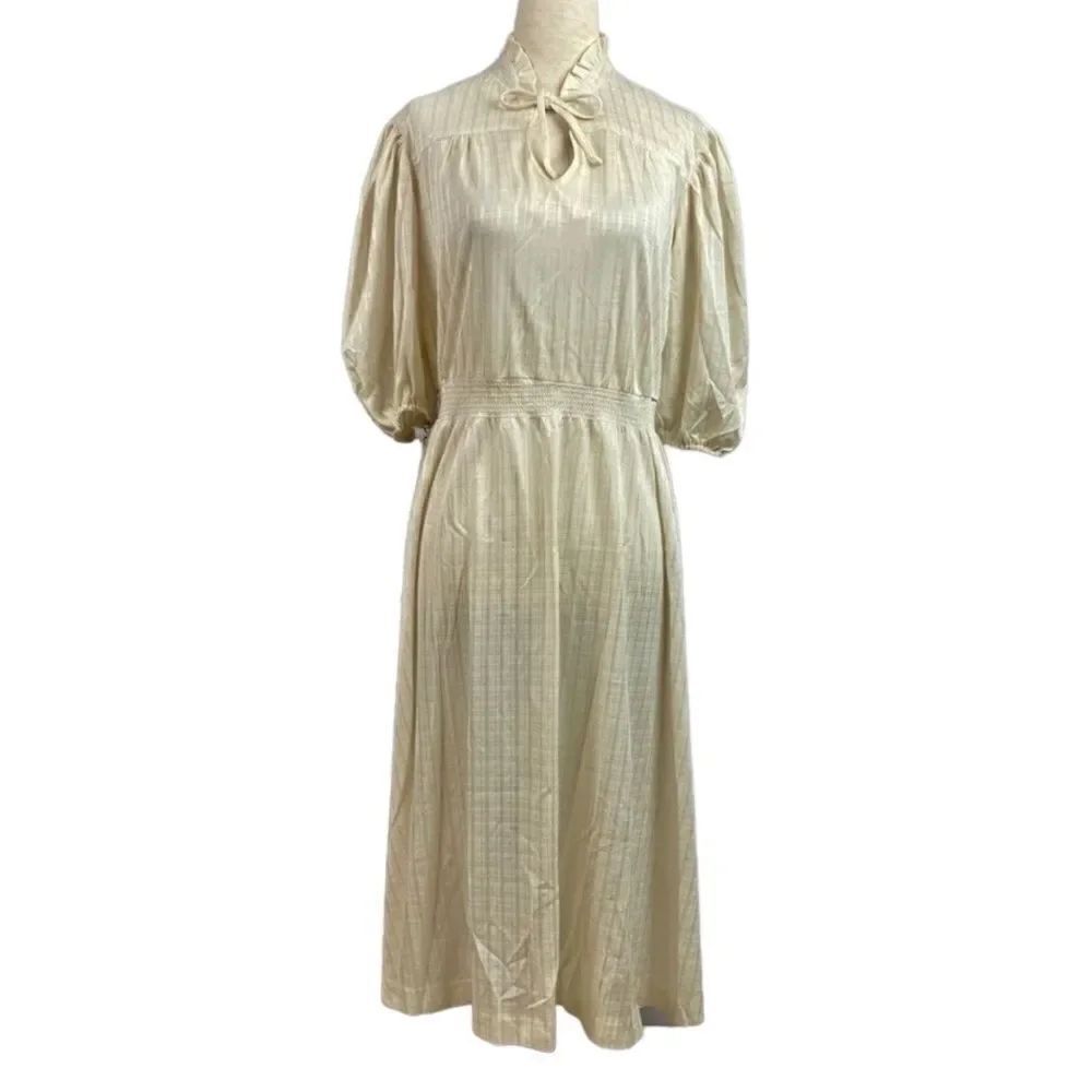 Vintage 70s Ivory Romantic Puff Sleeve Shimmer Summer Tea Length Blouson Dress